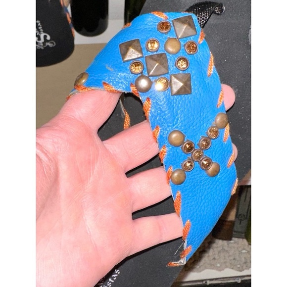 Sassy Sistas brand flip flops, blue with brown embroidery and rhinestones - Picture 2 of 4